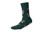 Dark green sock with a red and white mushroom pattern