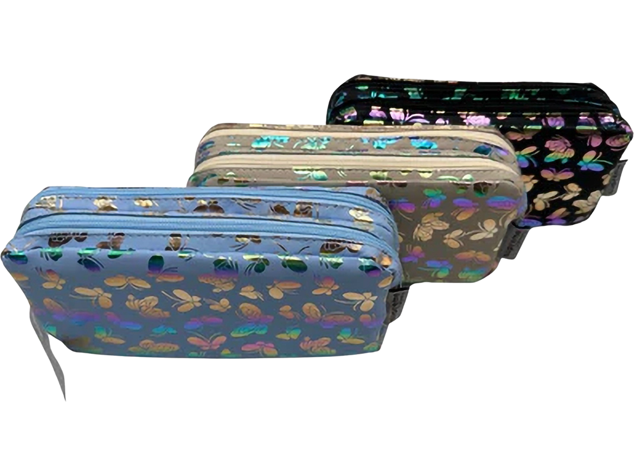 Three cosmetic bags featuring butterfly designs in blue, beige, and black.
