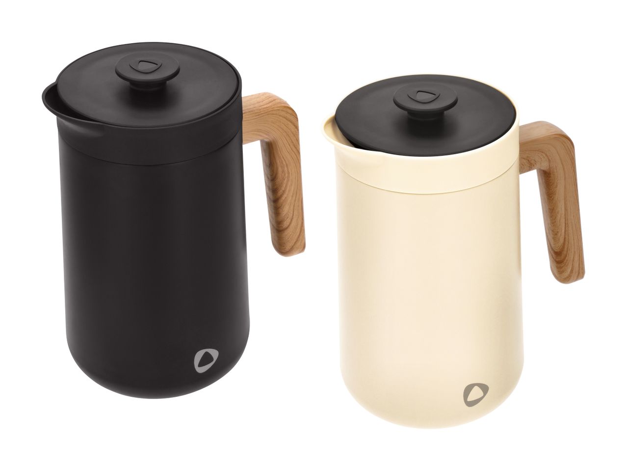 To kaffekander, en sort og en cremefarvet, med træhåndtag og sorte låg.