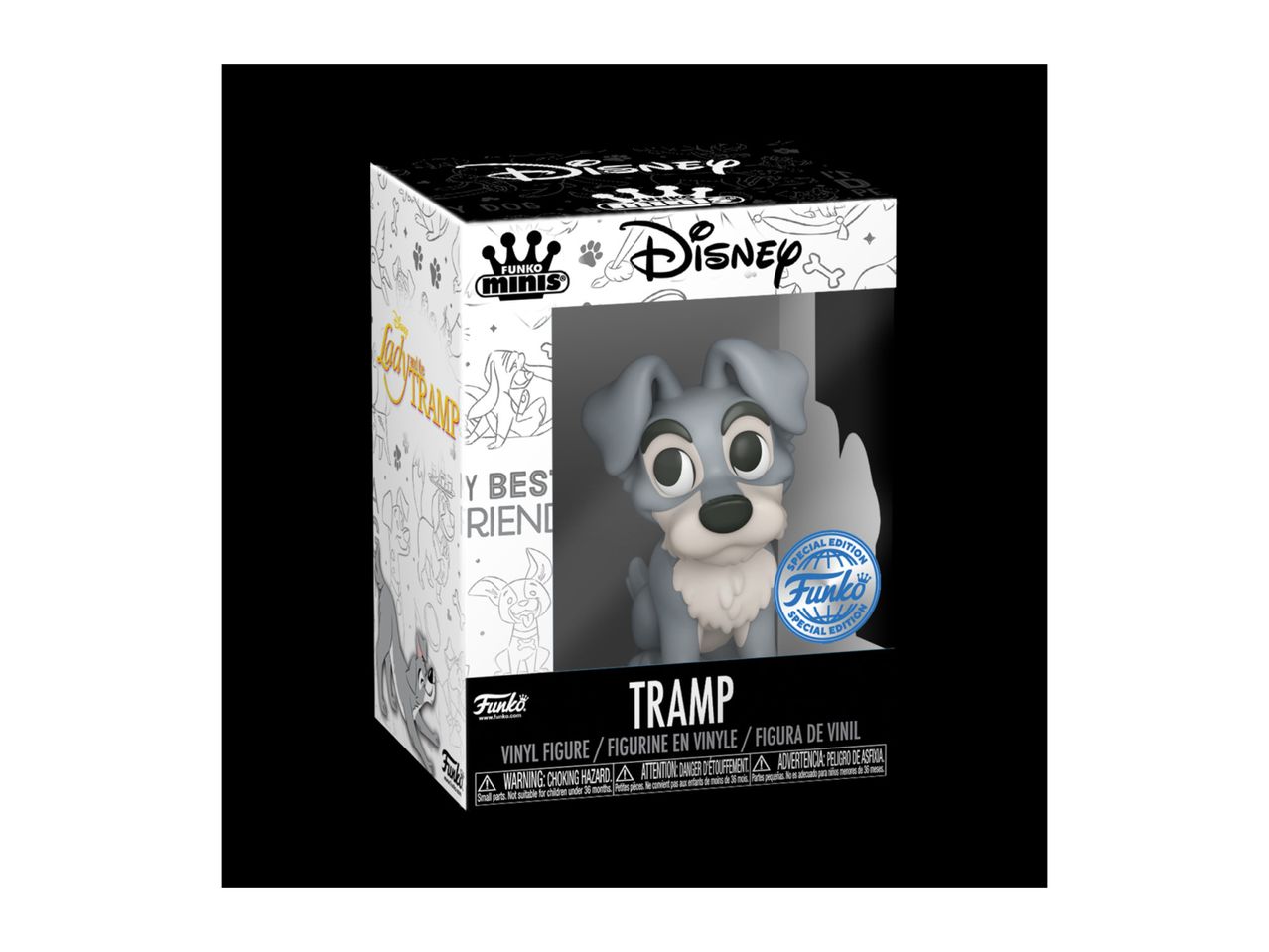 Disney Funko Minis Tramp vinyl figure in a display box with 'Special Edition' sticker.