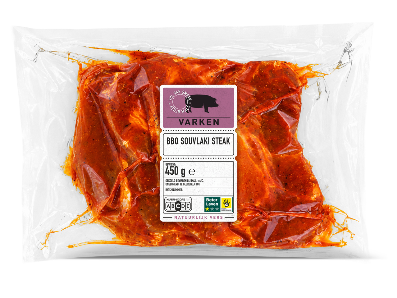 Verpakking met gemarineerde varkens-BBQ souvlaki steaks, 450g, met Nutri-Score en Beter Leven keurmerk.