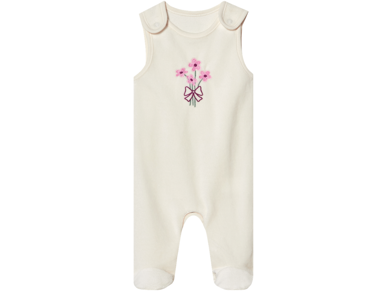 Kreemikas beebikombinesoon tikitud roosade lillede ja lipsuga.