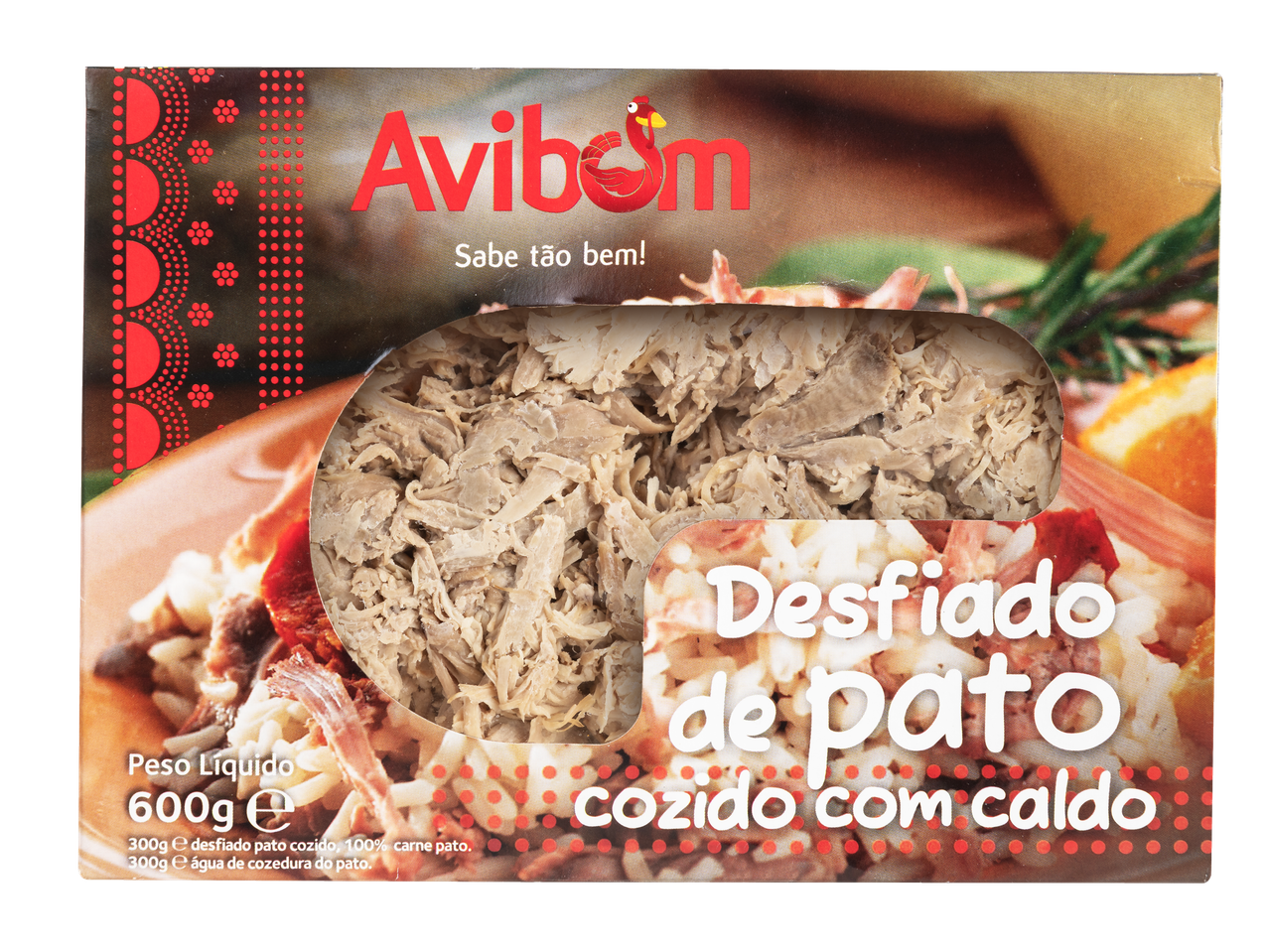 Avibom Desfiado de Pato com Caldo, 600g, com 100% carne de pato.