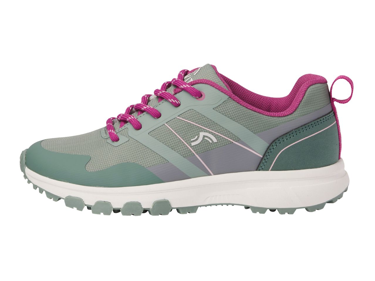 A single green and pink hiking shoe with a white sole and textured tread.