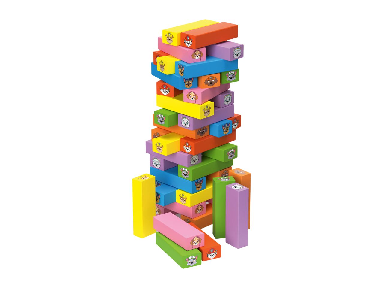 Colorful stacking blocks with cartoon dog faces, forming a tall tower.