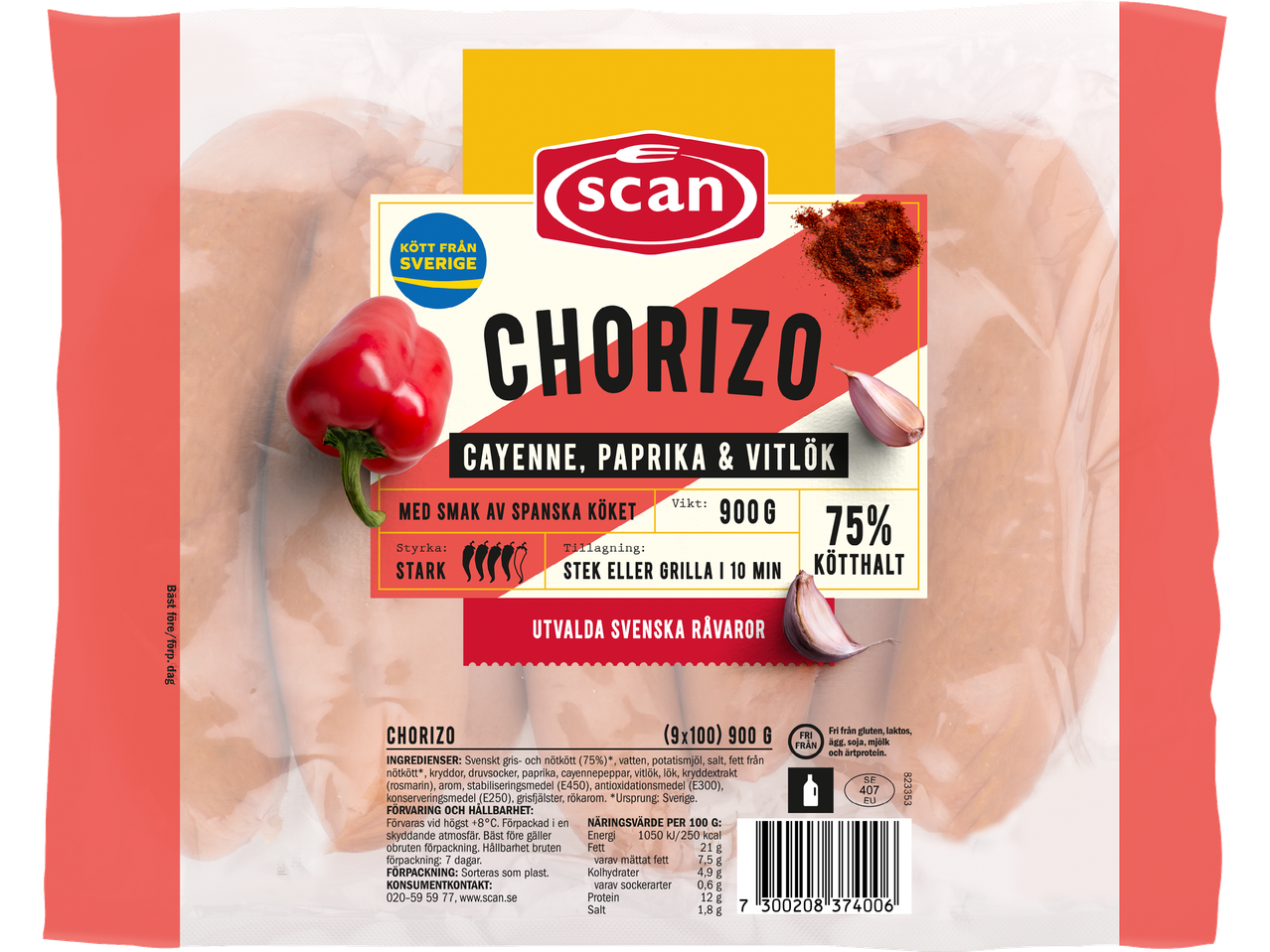 Chorizo med cayenne, paprika och vitlök, 900g, 75% kötthalt, stark styrka.