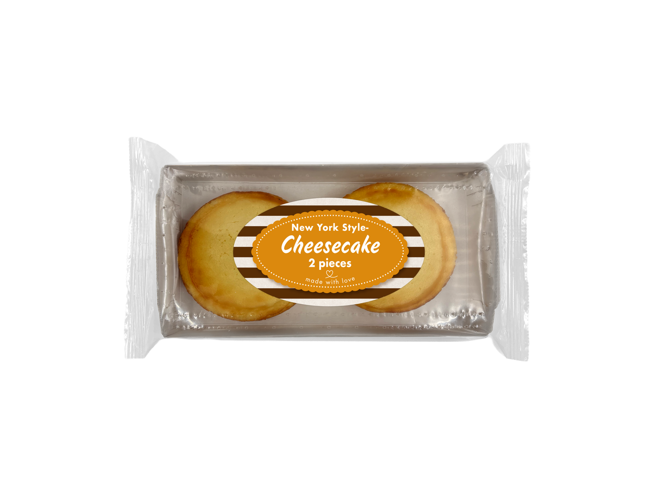 Două cheesecake-uri stil New York în ambalaj transparent.