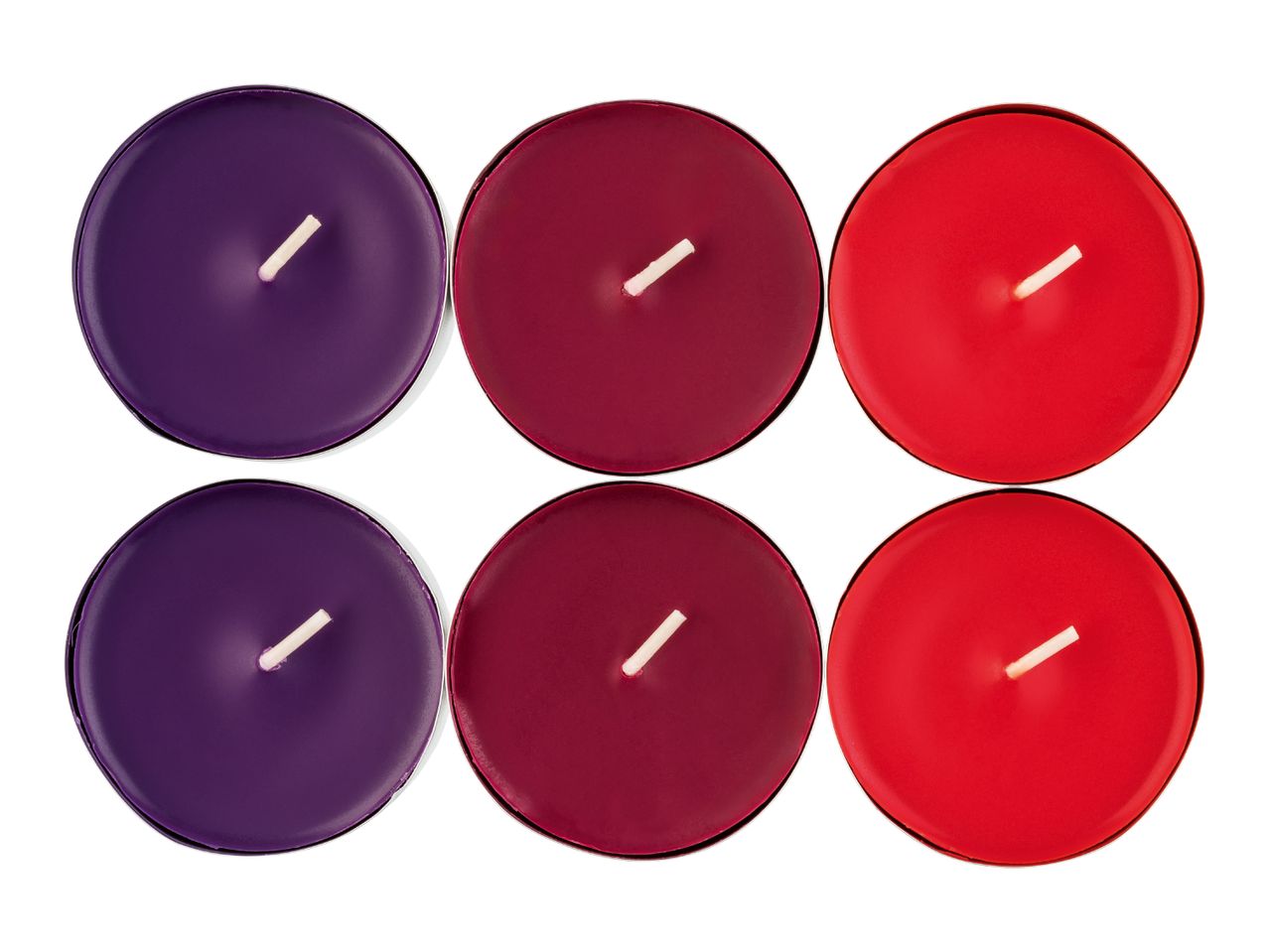Six colorful tea light candles in purple, burgundy, and red, arranged in two rows.
