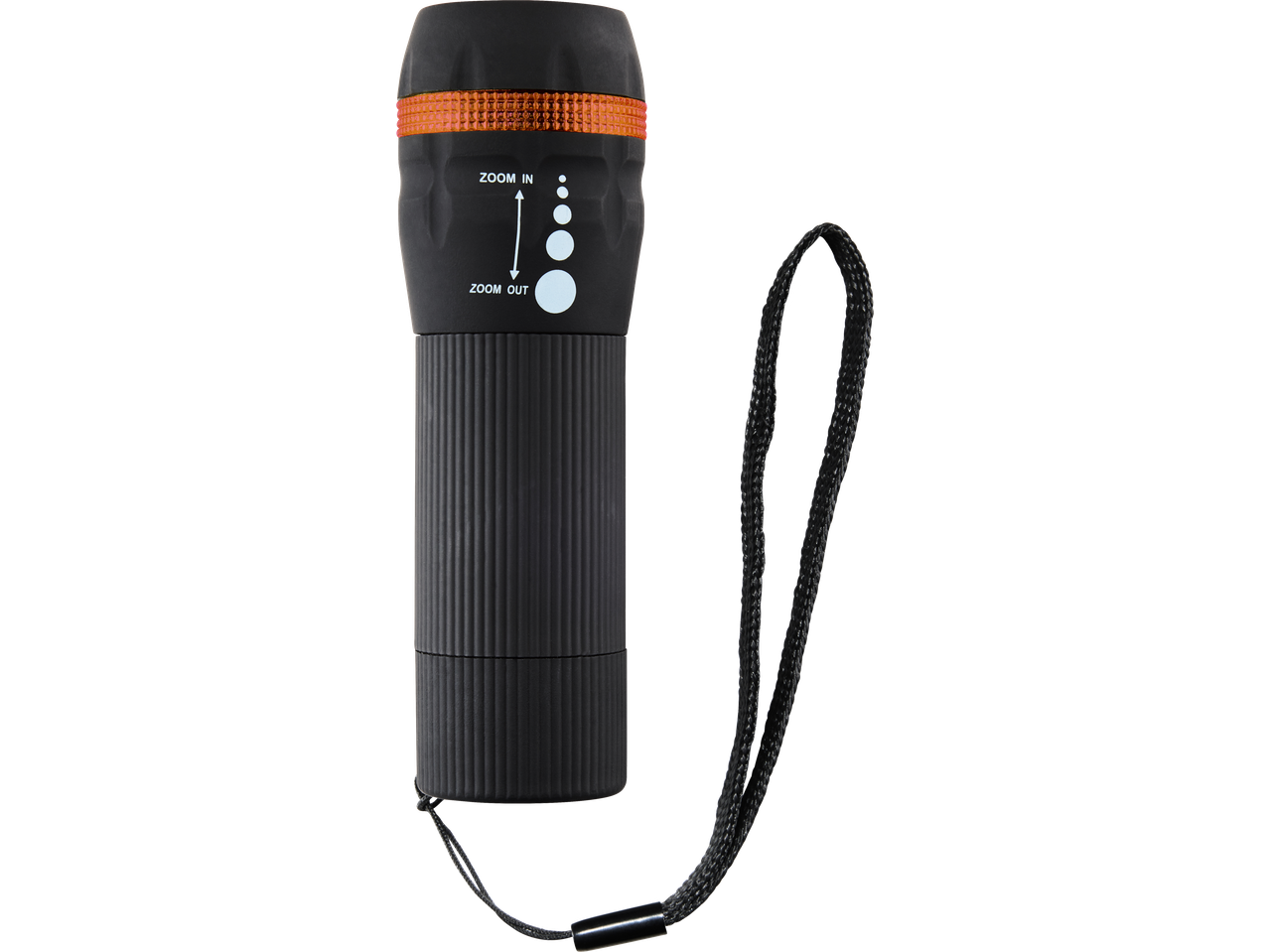 Lanterna LED CRIVIT preta com função de zoom e alça de pulso.