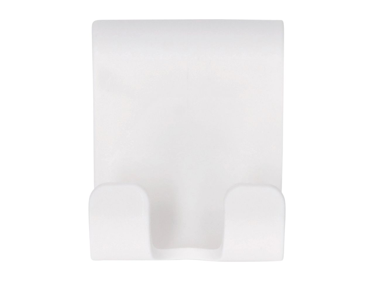 White plastic wall-mounted phone holder with a U-shaped cradle.