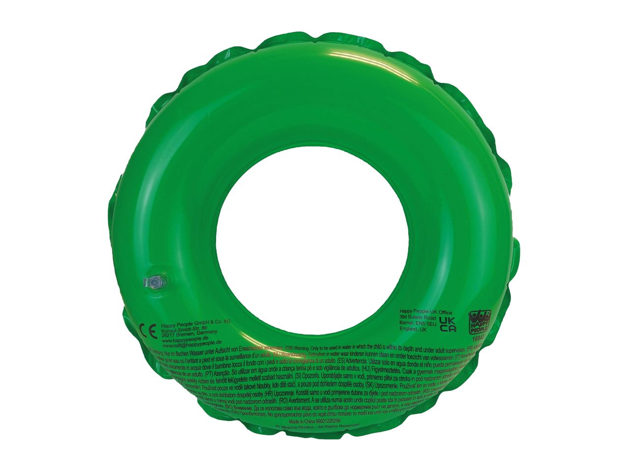 Green inflatable swimming ring with safety warnings in multiple languages.