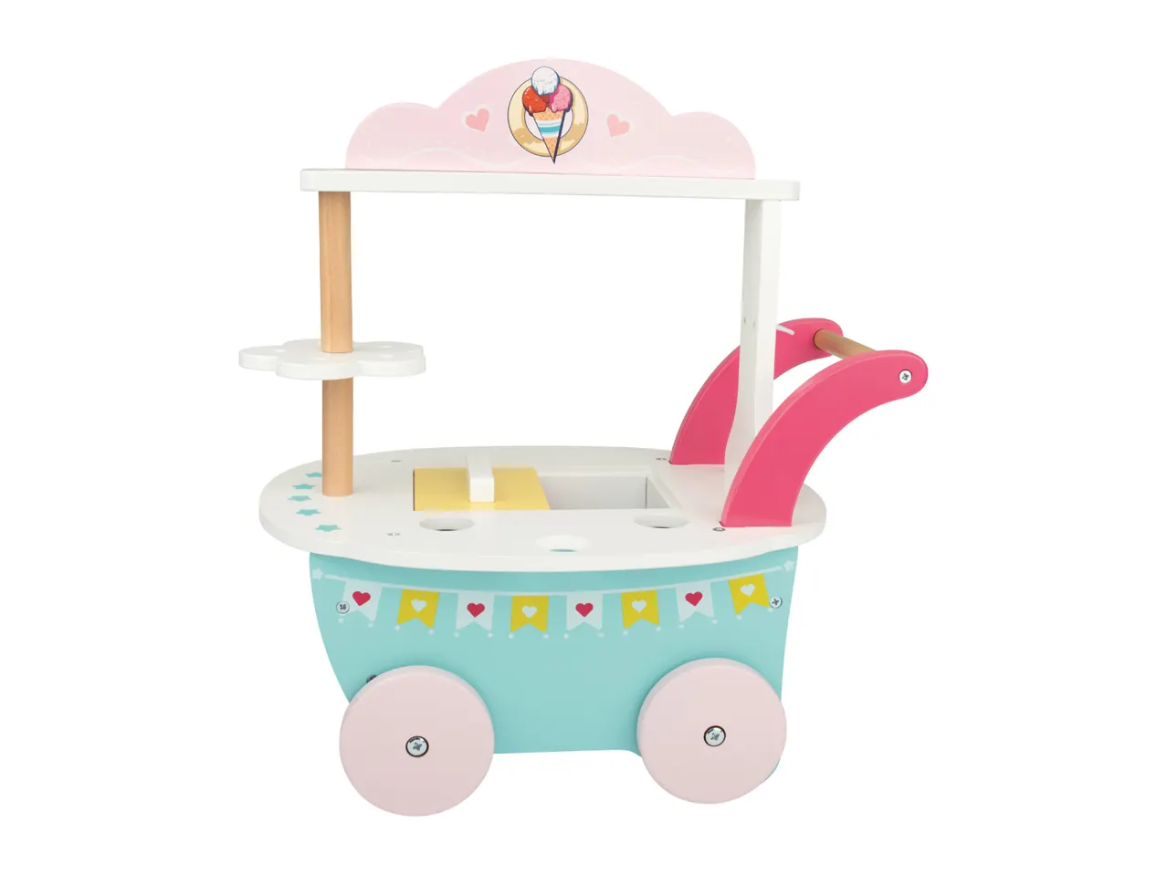 A wooden toy ice cream cart in pink, white, and teal with an ice cream cone graphic.