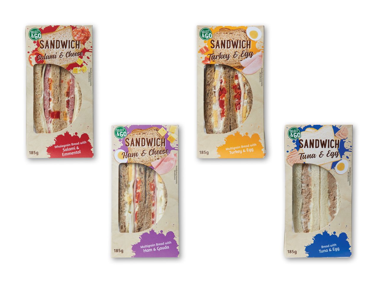 Fire sandwichpakker med forskellige smagsvarianter: salami, kalkun, skinke og tun.