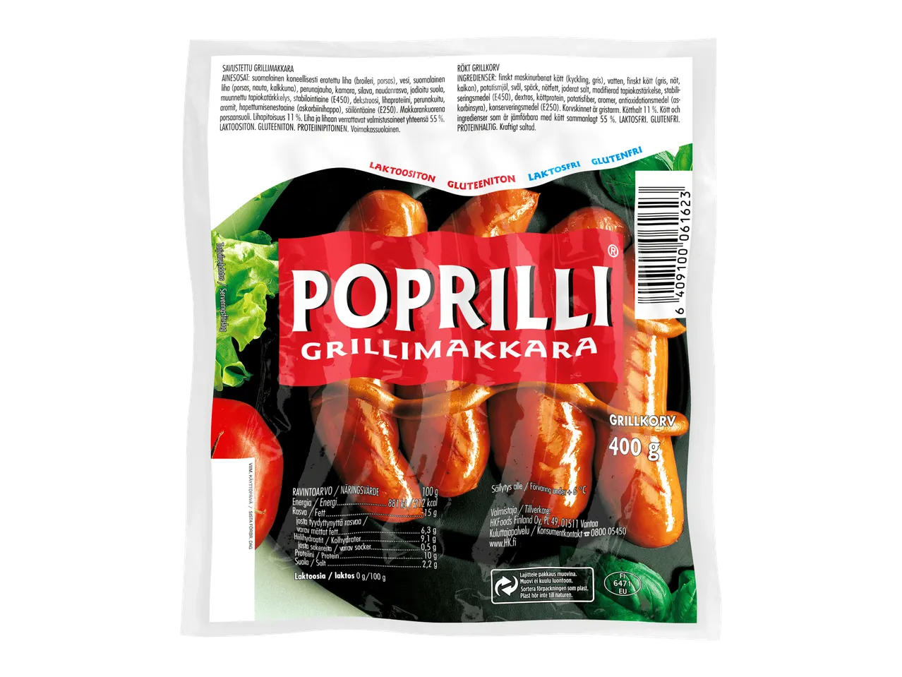 Grillimakkara-pakkaus, jossa on ravintosisältö ja tiedot laktoosittomuudesta ja gluteenittomuudesta.