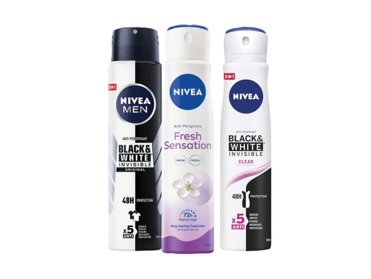 Trys NIVEA purškiami dezodorantai: vyriškas „Black & White Invisible Original“, „Fresh Sensation“ ir moteriškas „Black & White Invisible Clear“.