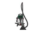 A green and silver wet/dry vacuum cleaner with a hose and floor nozzle.