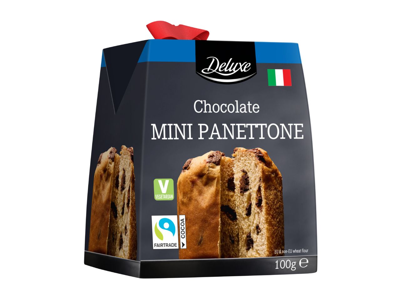A 100g box of chocolate mini panettone with a vegetarian and Fairtrade cocoa logo.