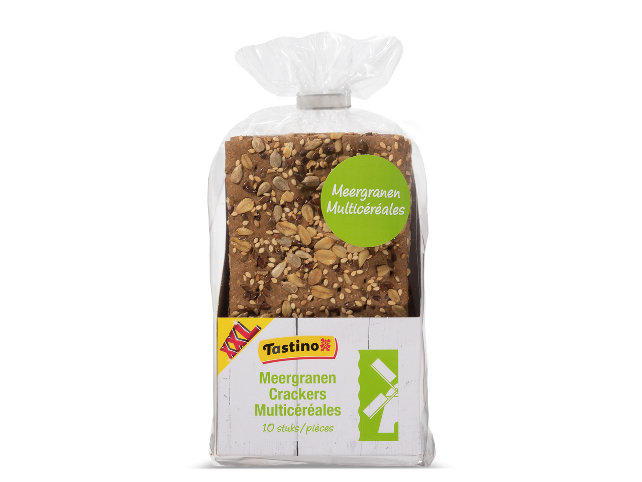 Verpakking meergranen crackers met zaden en granen, met de tekst 'Meergranen Multicéréales'.