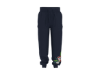 Mørkeblå joggingbukser med et farverigt tegneseriefigur-print på benet.