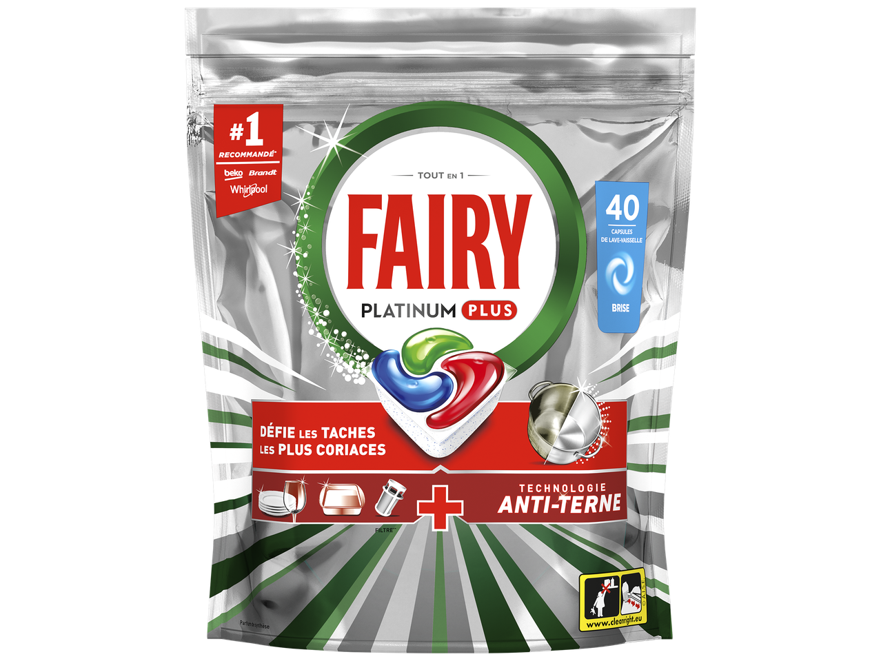 Sachet de 40 capsules de lave-vaisselle tout-en-un, défiant les taches tenaces et anti-terne.