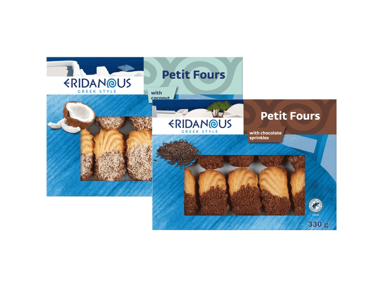 Dva pakovanja grčkih kolačića petit fours, jedan sa kokosom, drugi sa čokoladnim mrvicama.