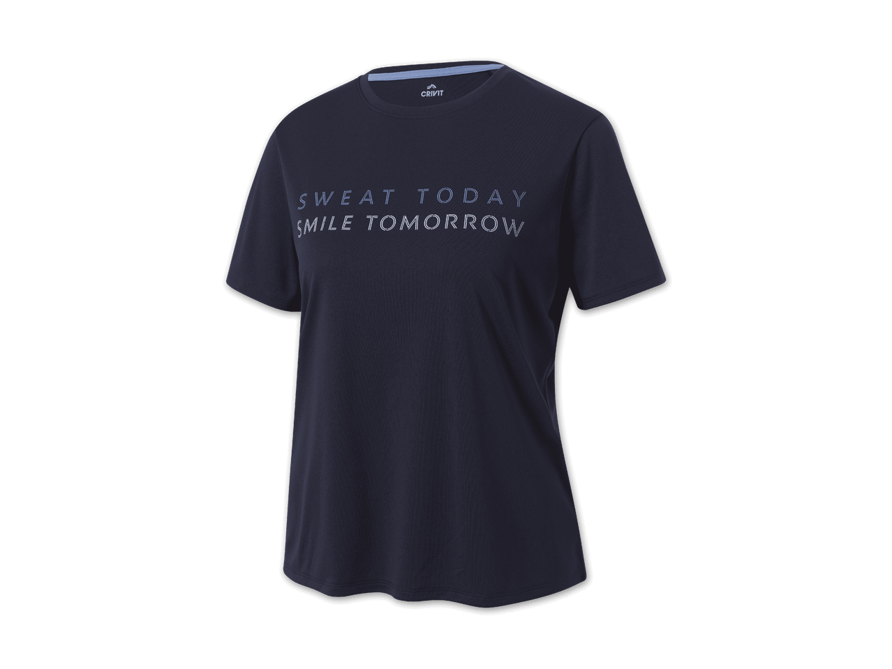 Dunkelblaues T-Shirt mit der Aufschrift „SWEAT TODAY SMILE TOMORROW“