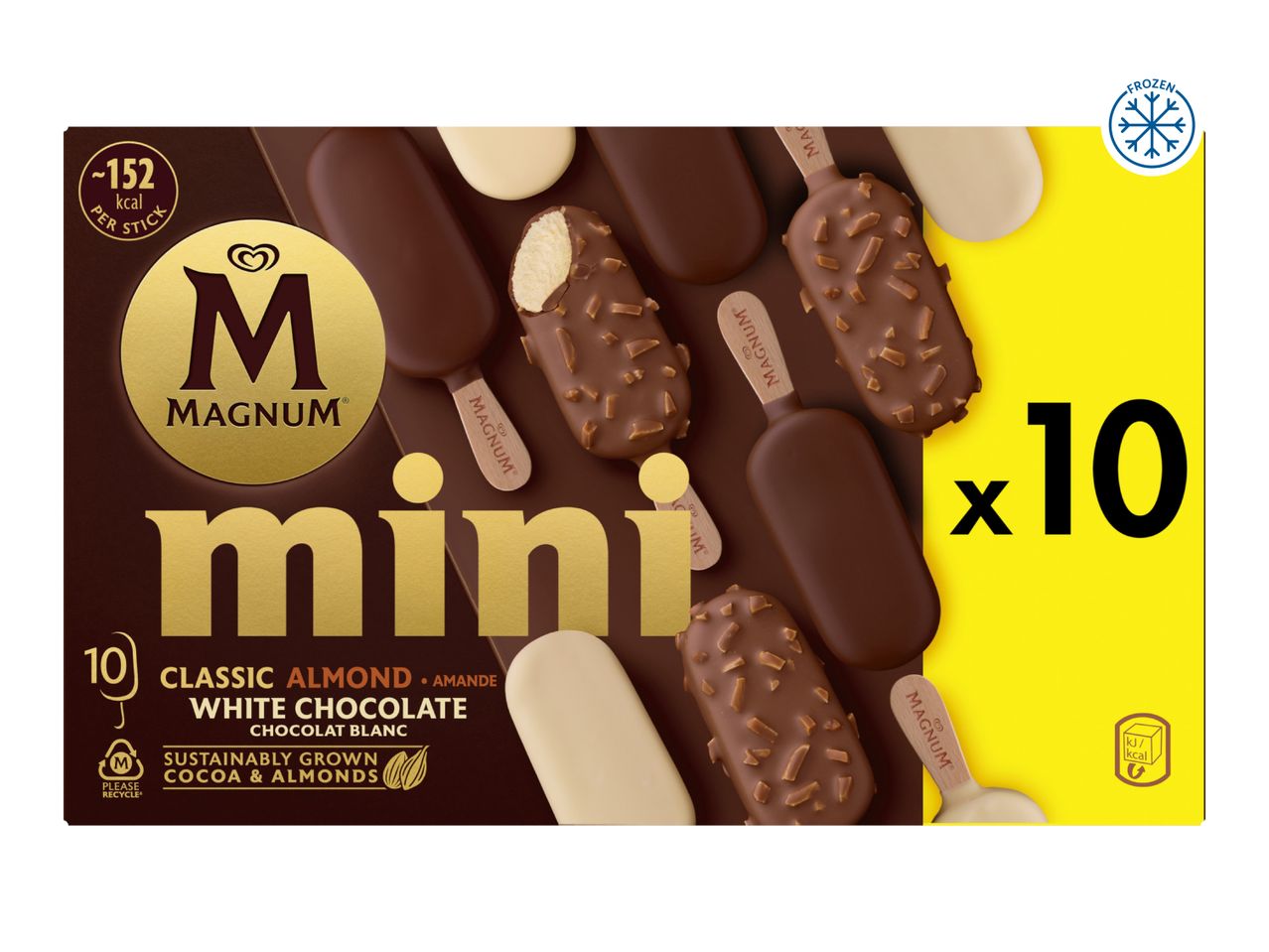Mini ice cream sticks in classic, almond, and white chocolate flavors, with 10 per pack.