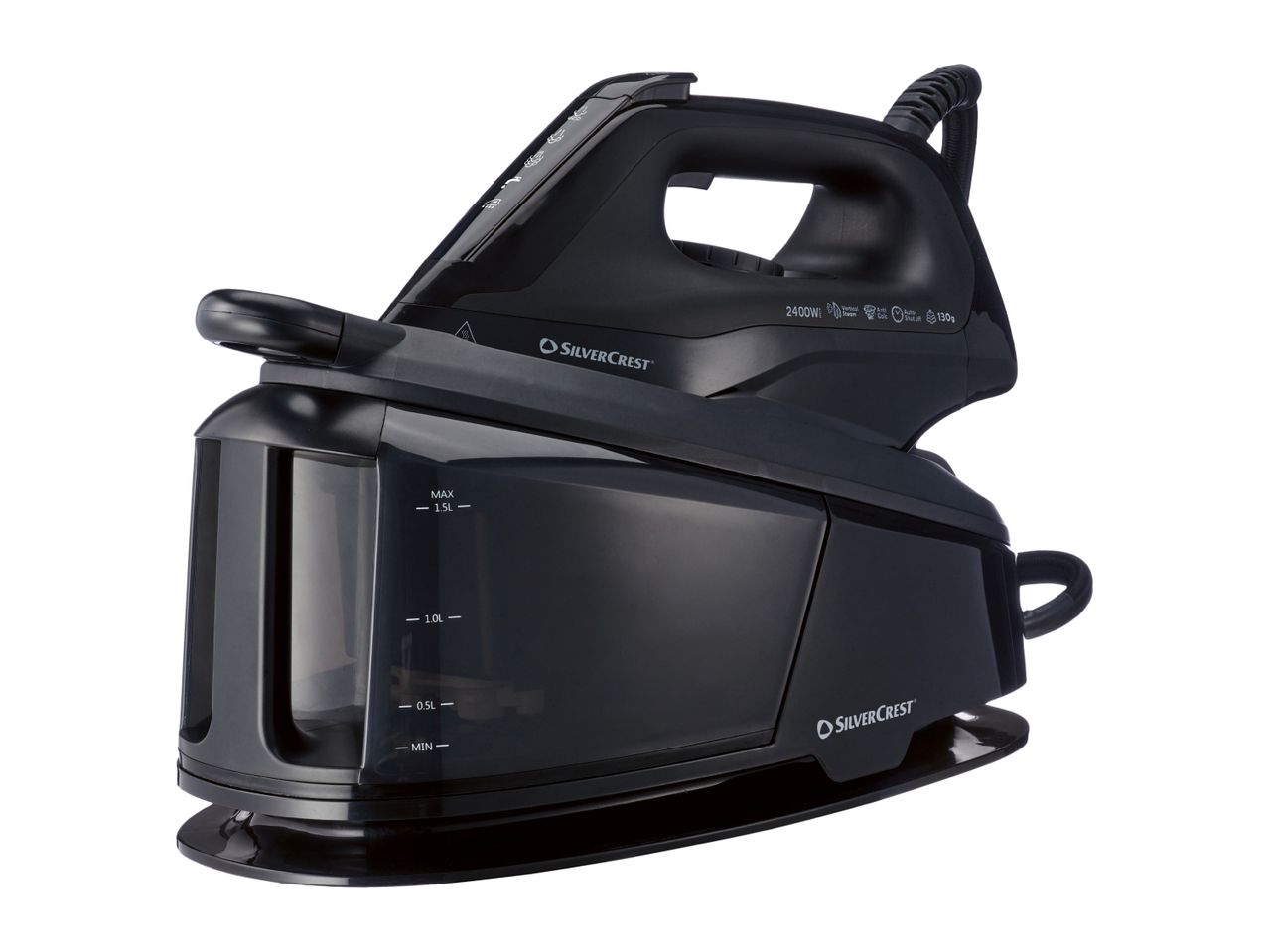 A black SilverCrest steam generator iron with a 1.5L water tank.