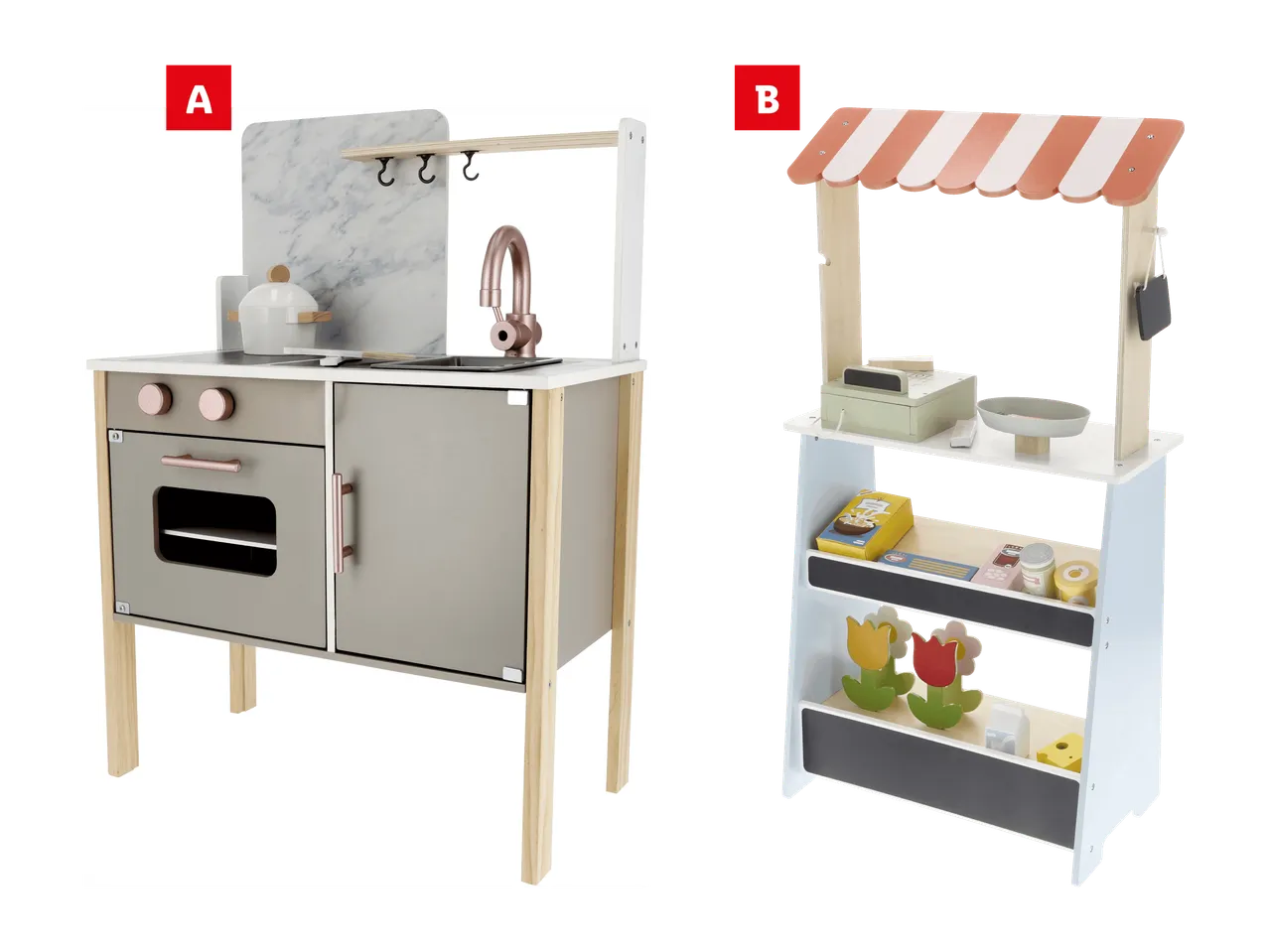 Leikkikeittiö ja myyntikoju, joissa on puisia leluja ja tarvikkeita.