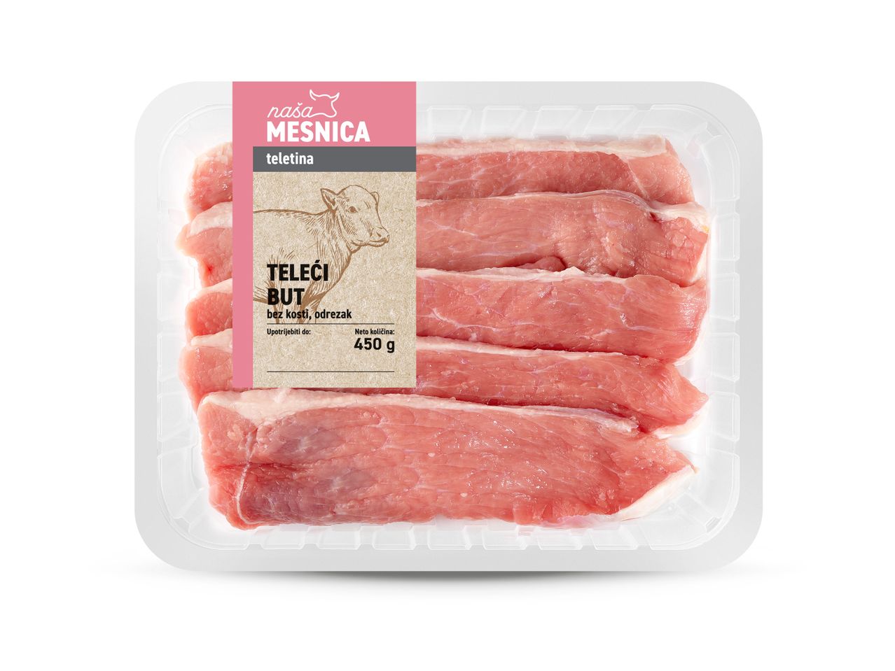 Pakiranje telećeg buta bez kosti, odrezak, 450g, s natpisom 'naša MESNICA'