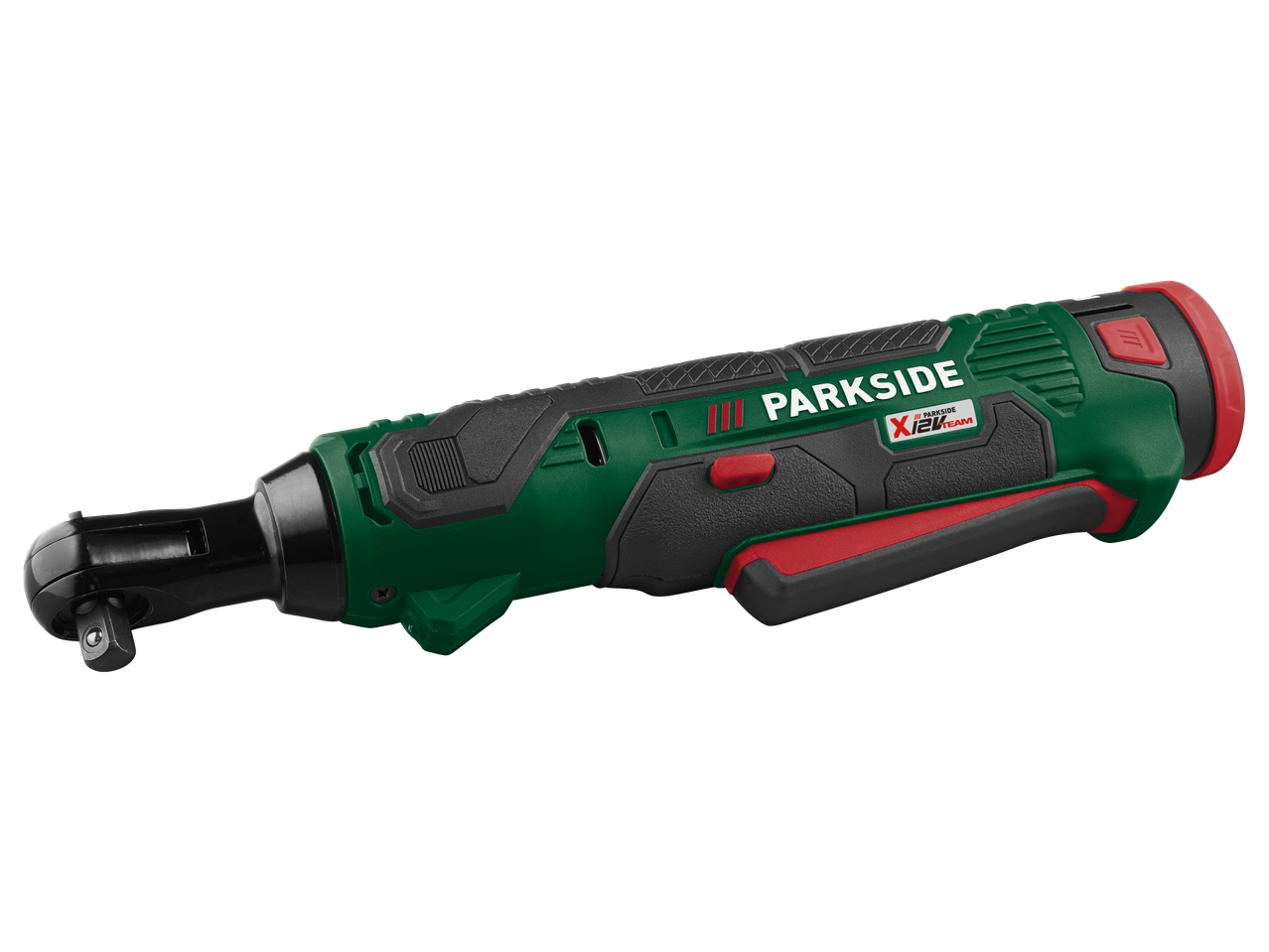 PARKSIDE X 12 V Team bezvadu sprūdrats zaļā un melnā krāsā ar sarkaniem akcentiem.