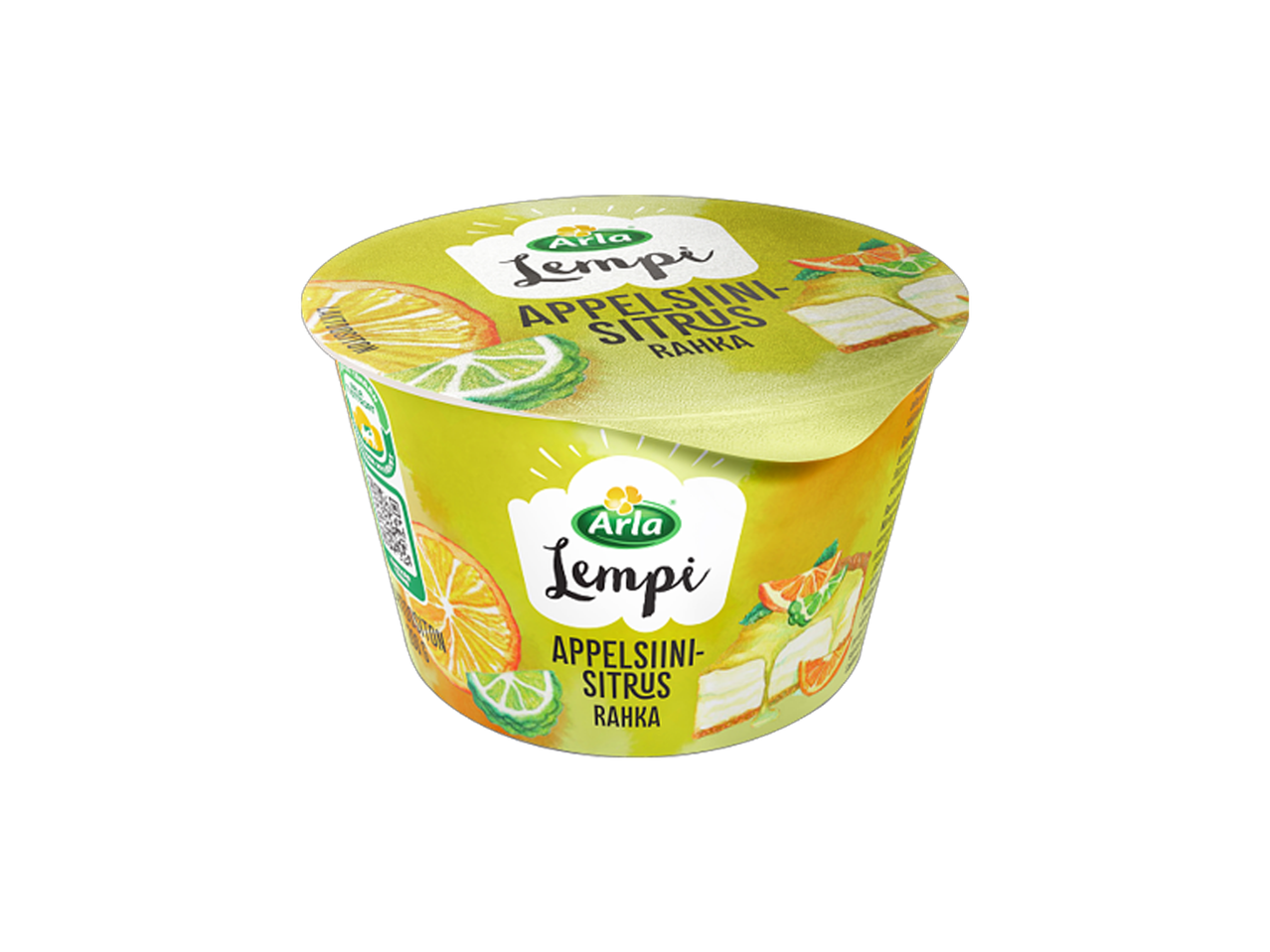 Keltainen rahkapurkki, jossa on appelsiini- ja sitruunaviipaleita sekä kakkupaloja.
