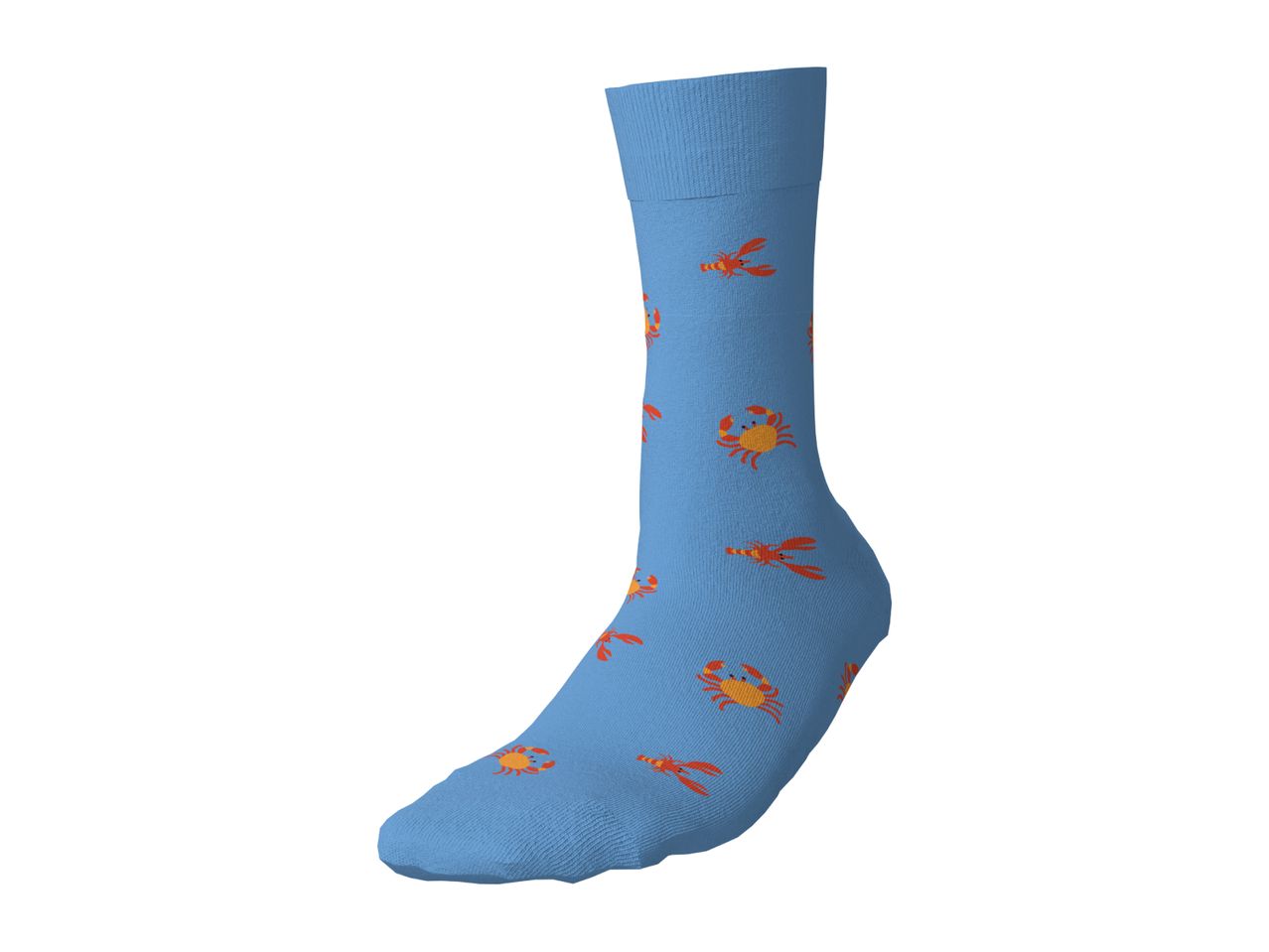 Blue sock with a pattern of orange crabs and lobsters