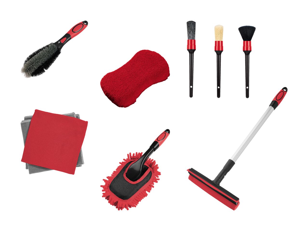 Rote und schwarze Autoreinigungsutensilien-Set.