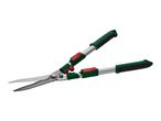 Long-handled shears with green and black ergonomic grips.