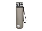 A grey water bottle with a black and white lid and a black carrying strap.