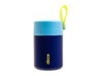Blue and light blue food flask with a bright yellow carrying loop.