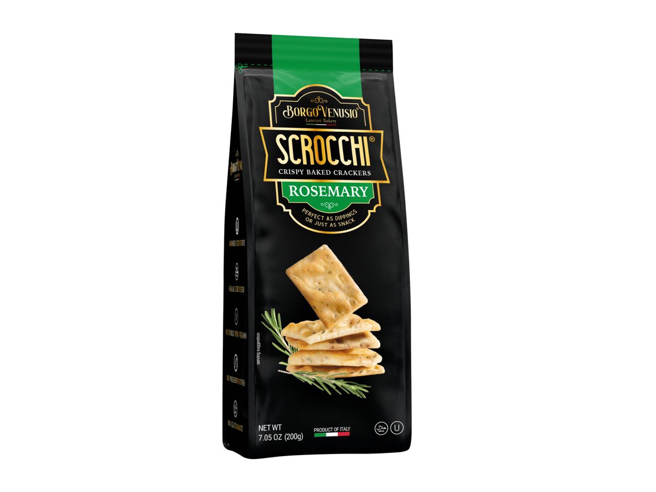 Borgo Venusio Scrocchi Rosemary Crispy Baked Crackers, 7.05 oz (200g) bag.