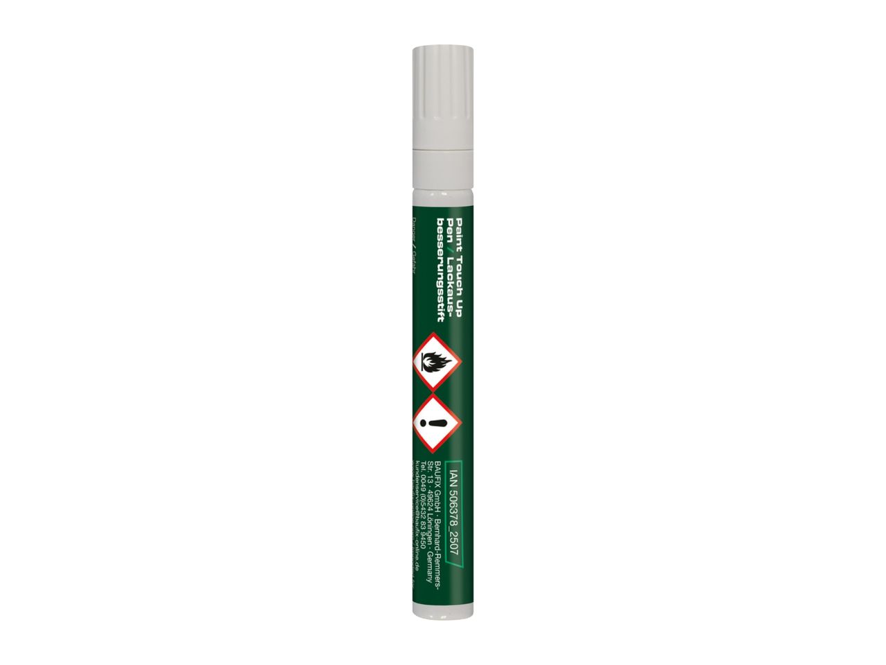 White paint touch-up pen with hazard symbols and contact information.