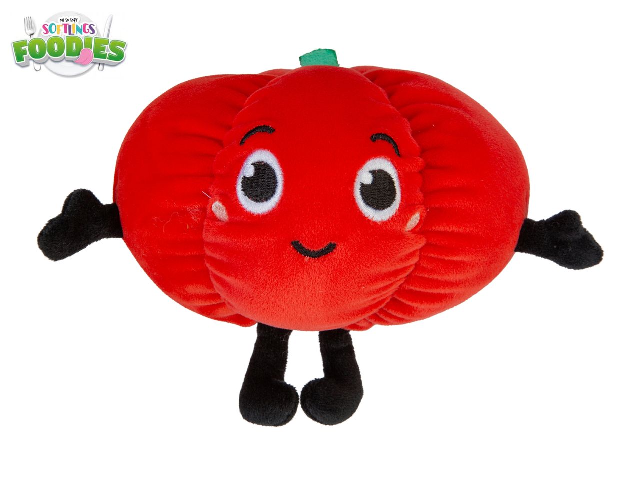 Red plush tomato toy with a smiling face, black arms, and legs, with a 'Softlings Foodies' logo.