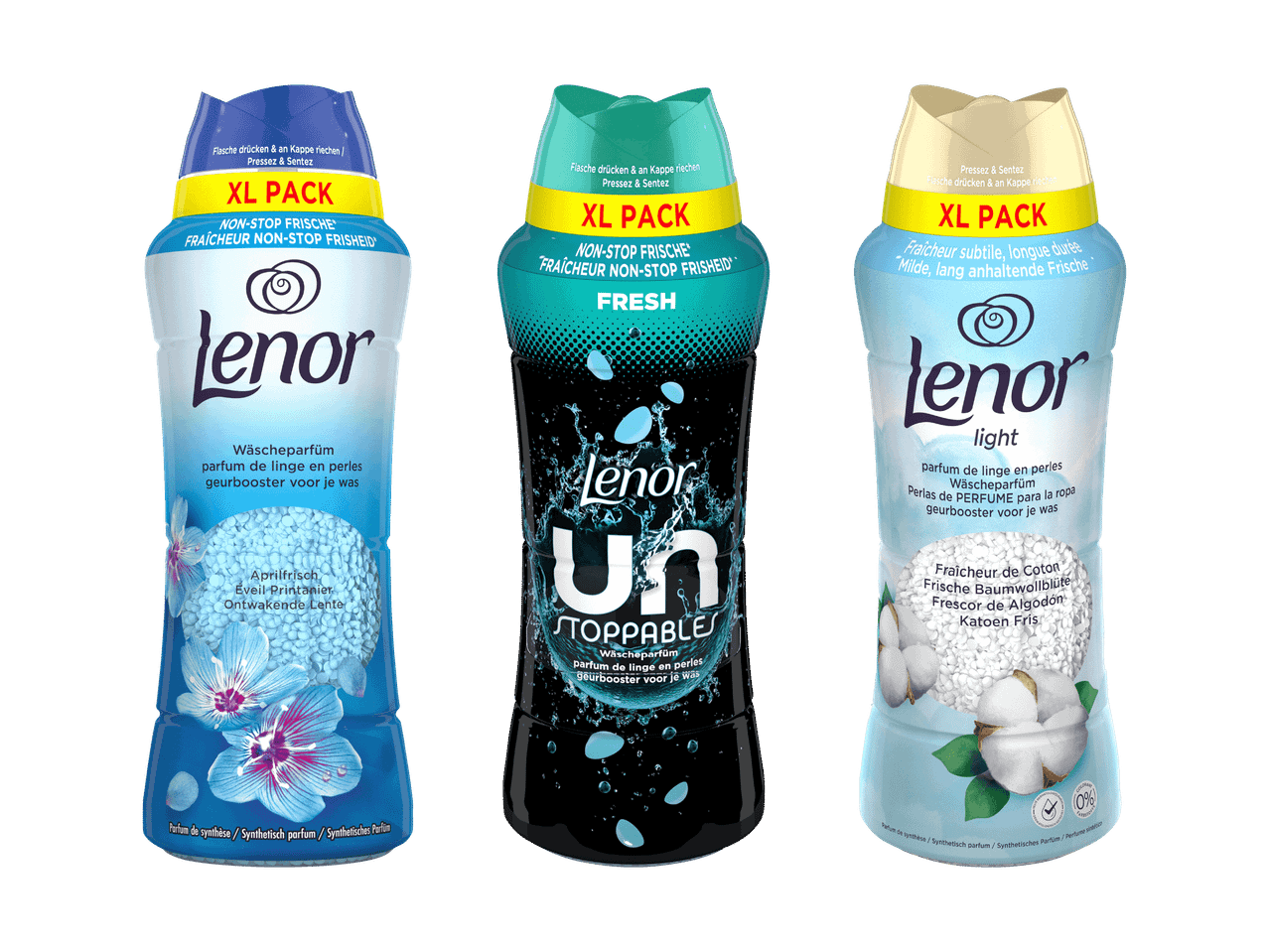 Drei Flaschen Lenor Wäscheparfüm-Perlen in verschiedenen Farben und Düften.