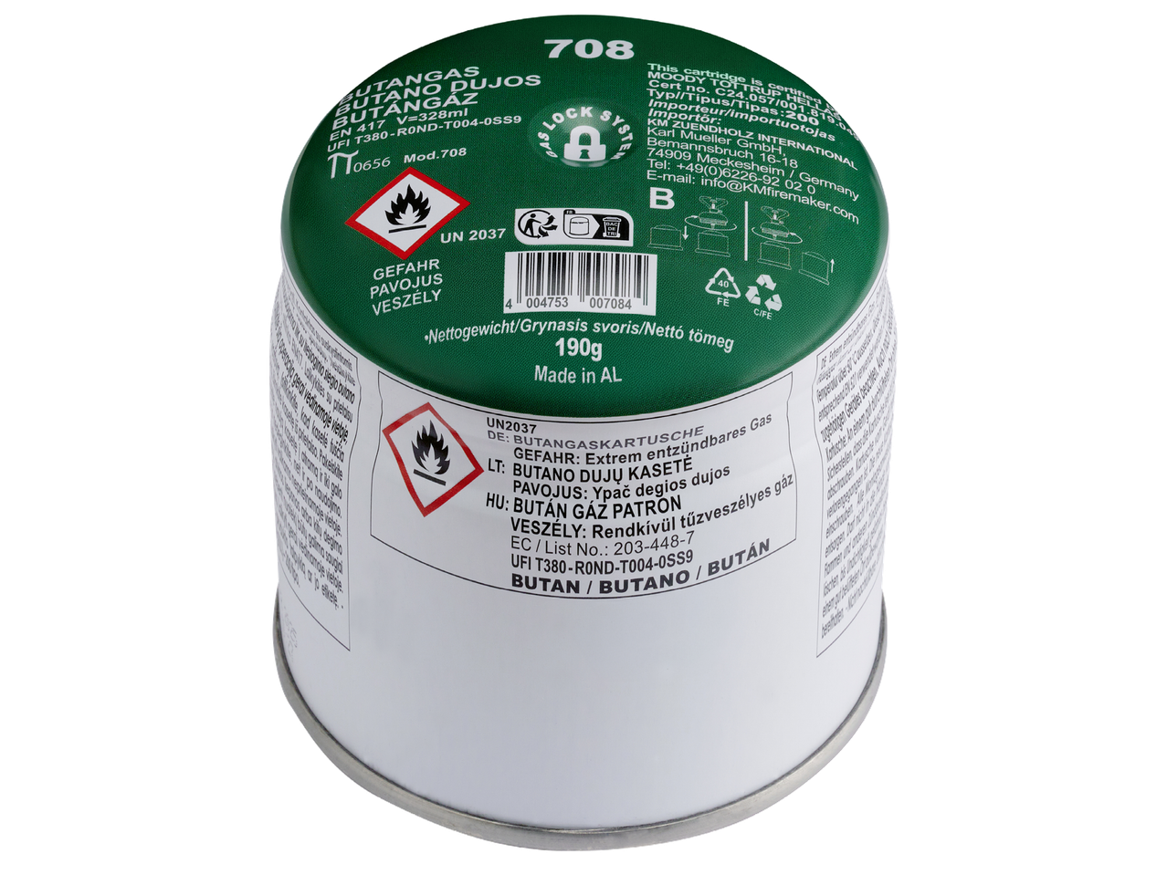 Газова бутилка за къмпинг с предупредителни знаци и информация за продукта.