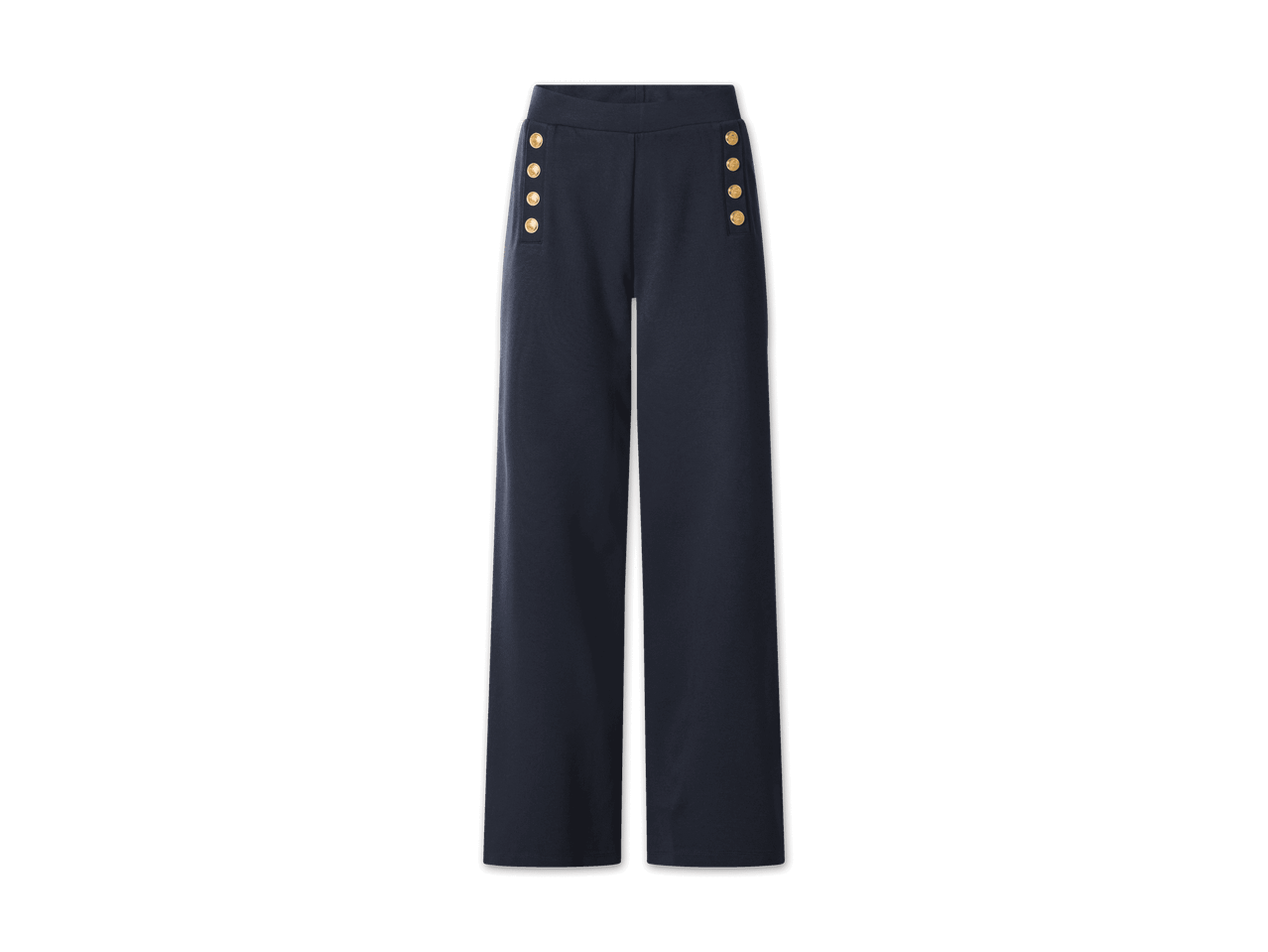 Dunkelblaue weite Hose mit goldenen Knöpfen an der Taille