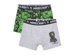 Two pairs of Minecraft boys' boxer shorts; one green creeper print, one grey with a creeper graphic.