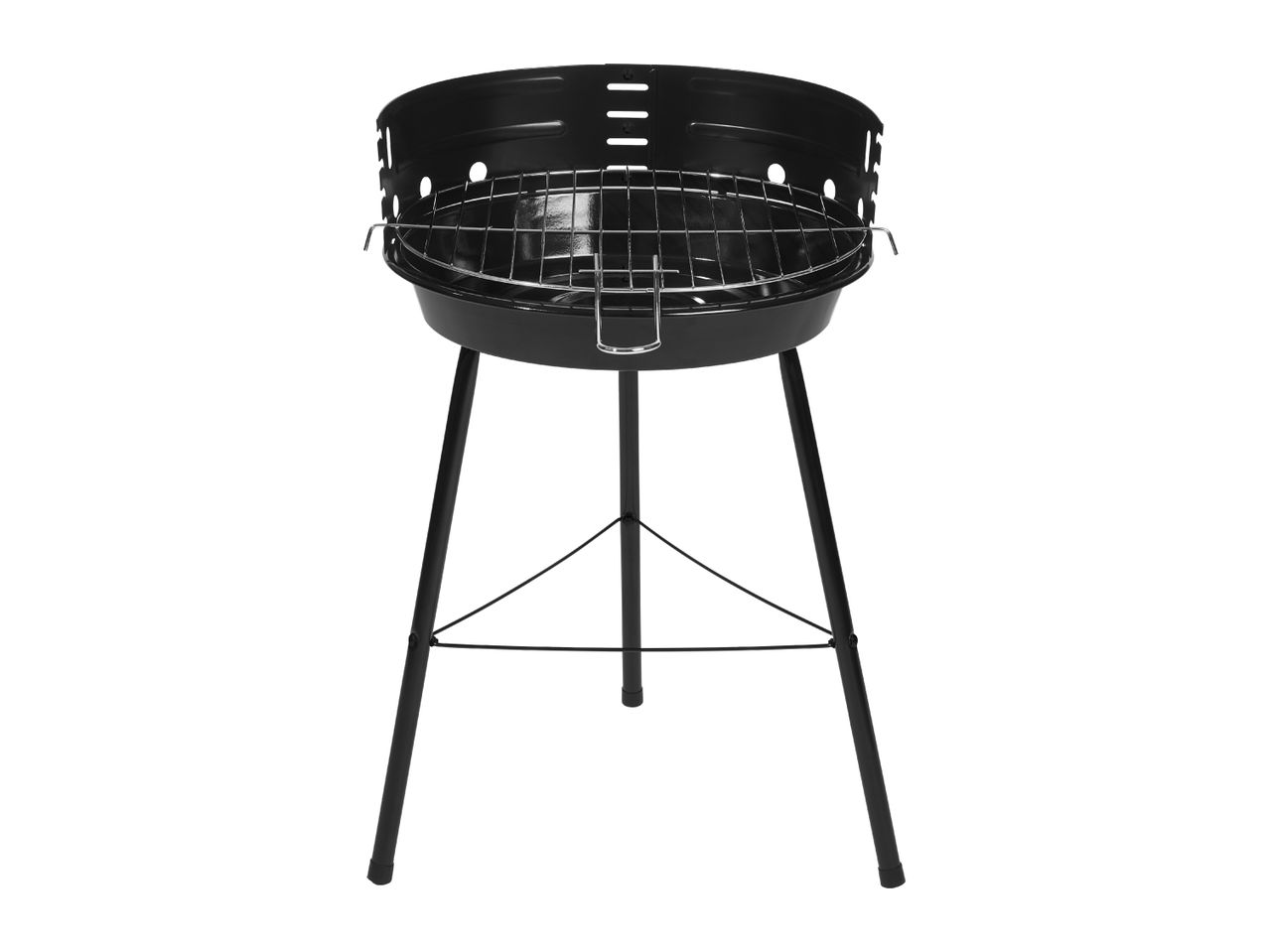 Black charcoal barbecue grill with a round basin and three legs, featuring a chrome-plated cooking grate.
