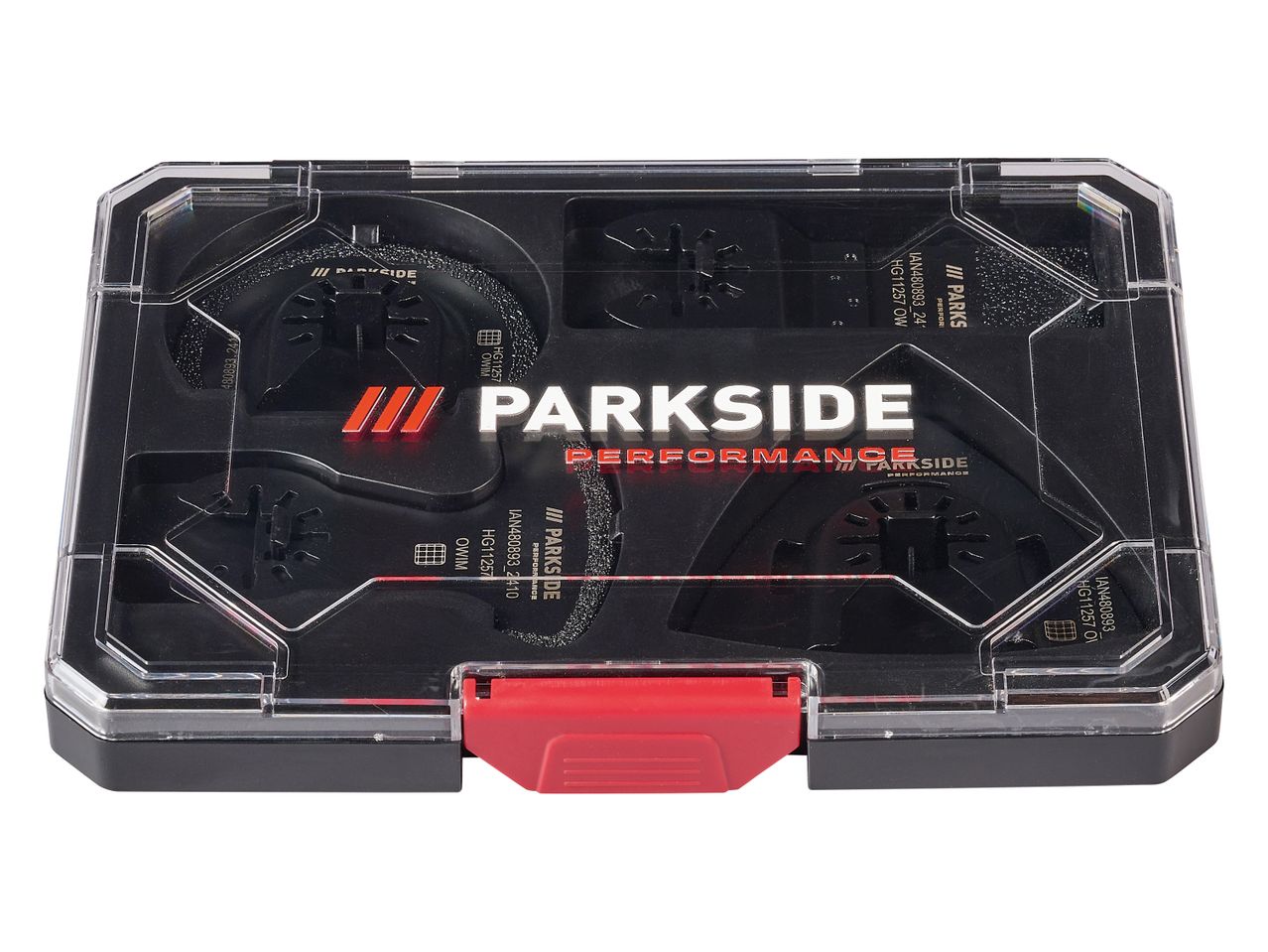 Parkside Performance oscillating tool accessory set in a clear case
