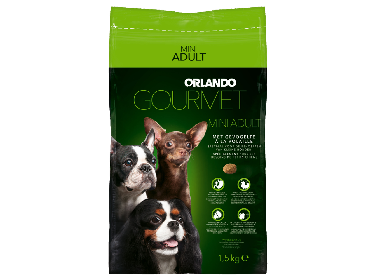 Nourriture pour chiens Orlando Gourmet Mini Adult à la volaille pour petits chiens, sac de 1,5 kg.