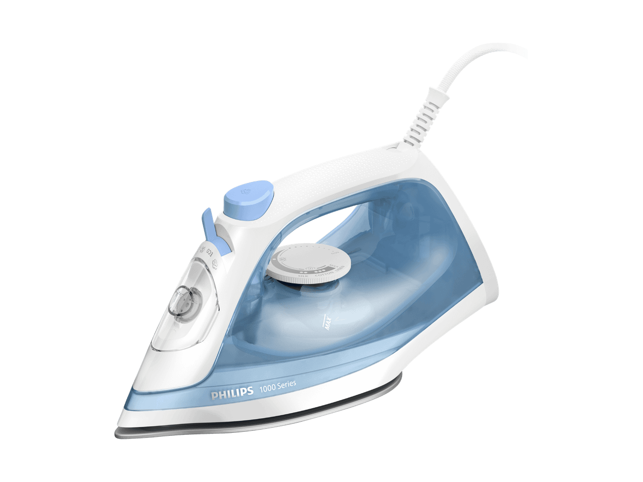 Weiß-blaues Philips 1000 Series Bügeleisen mit Kabel.