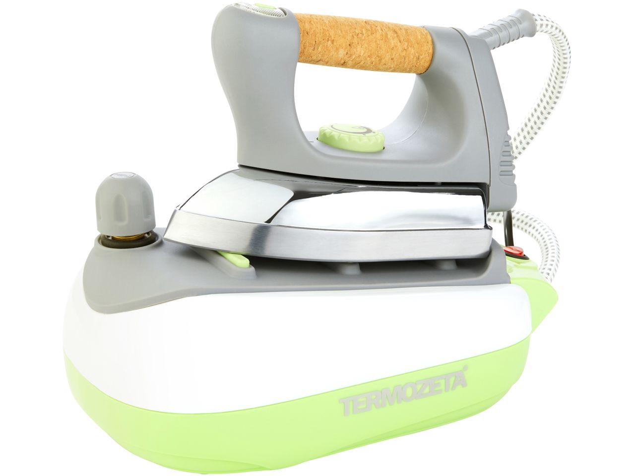 A Termozeta steam iron with a light green and gray base.