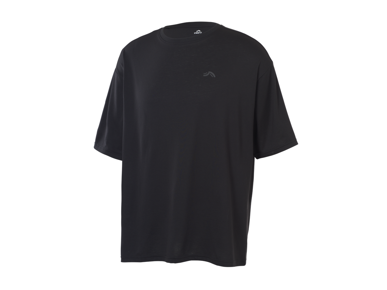 Juodi CRIVIT® treniruočių marškinėliai trumpomis rankovėmis su subtiliu logotipu.